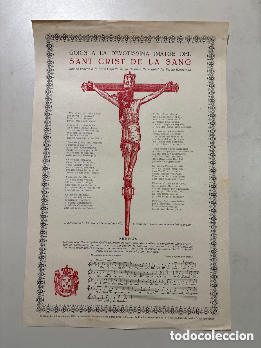 Otros Art&iacute;culos de Coleccionismo en Papel: GOIGS A LA DEVOTISSIMA IMATGE DEL SANT CRIST DE LA SANG. SE VENERA EN LA SEVA CAPELLA DE LA BAS&Iacute;LICA