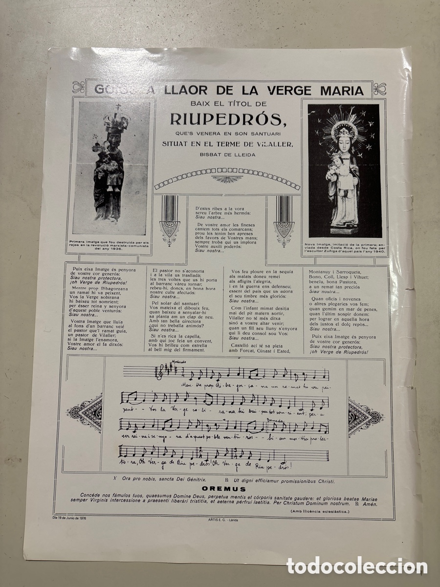 Otros art&iacute;culos de coleccionismo en papel: GOIGS A LLAOR DE LA VERGE MARIA BAIX EL TITOL DE RIUPEDROS. SANTUARI EN EL TERME DE VILALLER, BISBAT
