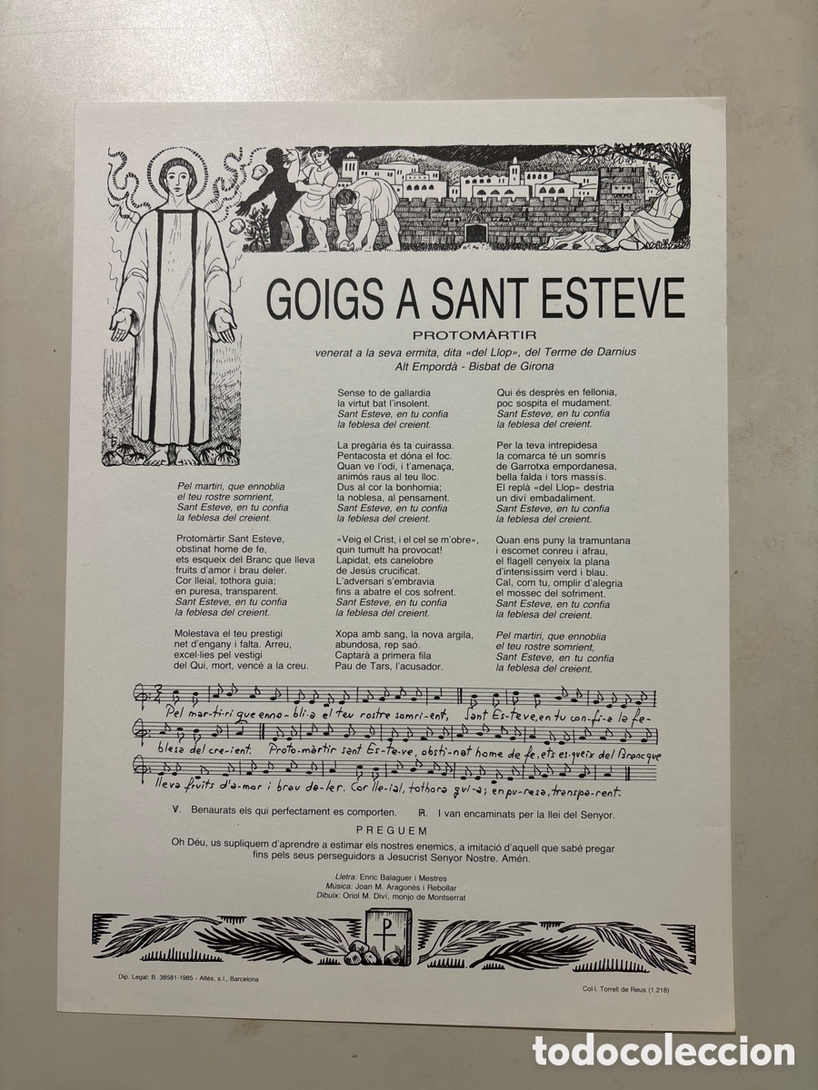 Otros art&iacute;culos de coleccionismo en papel: GOIGS A SANT ESTEVE. PROTOMARTIR. VENERAT A LA SEVA ERMITA DEL TERME DE DARNIUS ALT EMPORDA. BISBAT