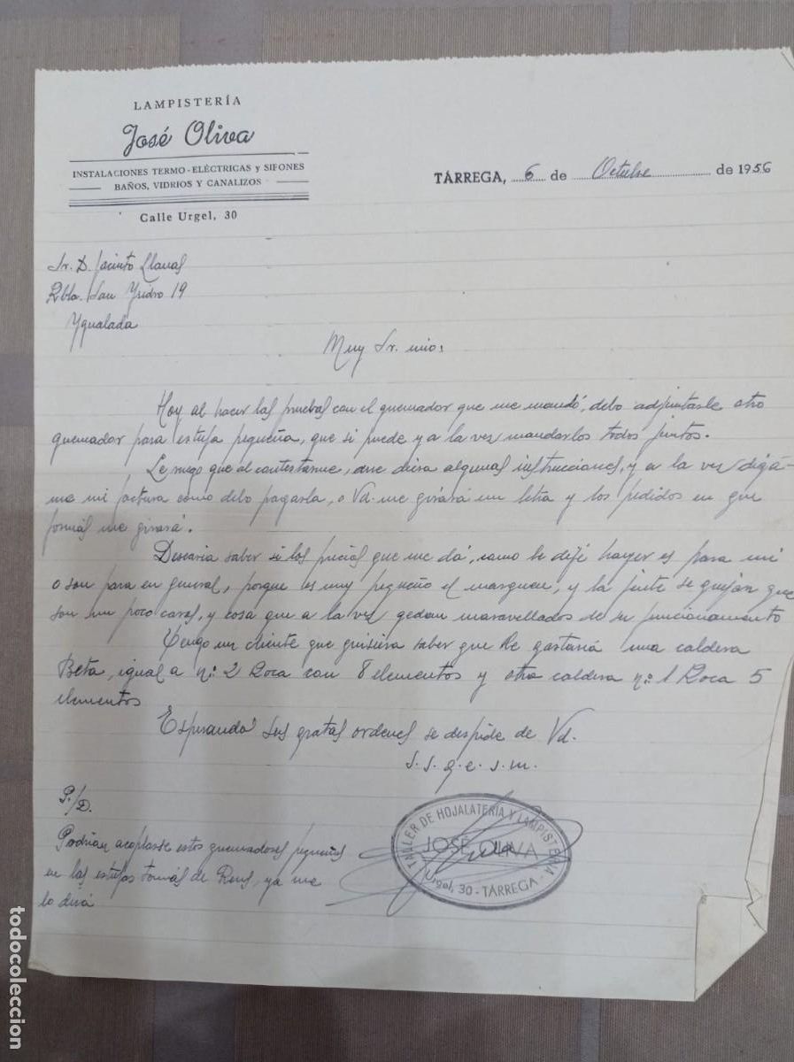 Otros art&iacute;culos de coleccionismo en papel: Lampister&iacute;a Jos&eacute; Oliva calle Urgel Tarrega L&eacute;rida 1956