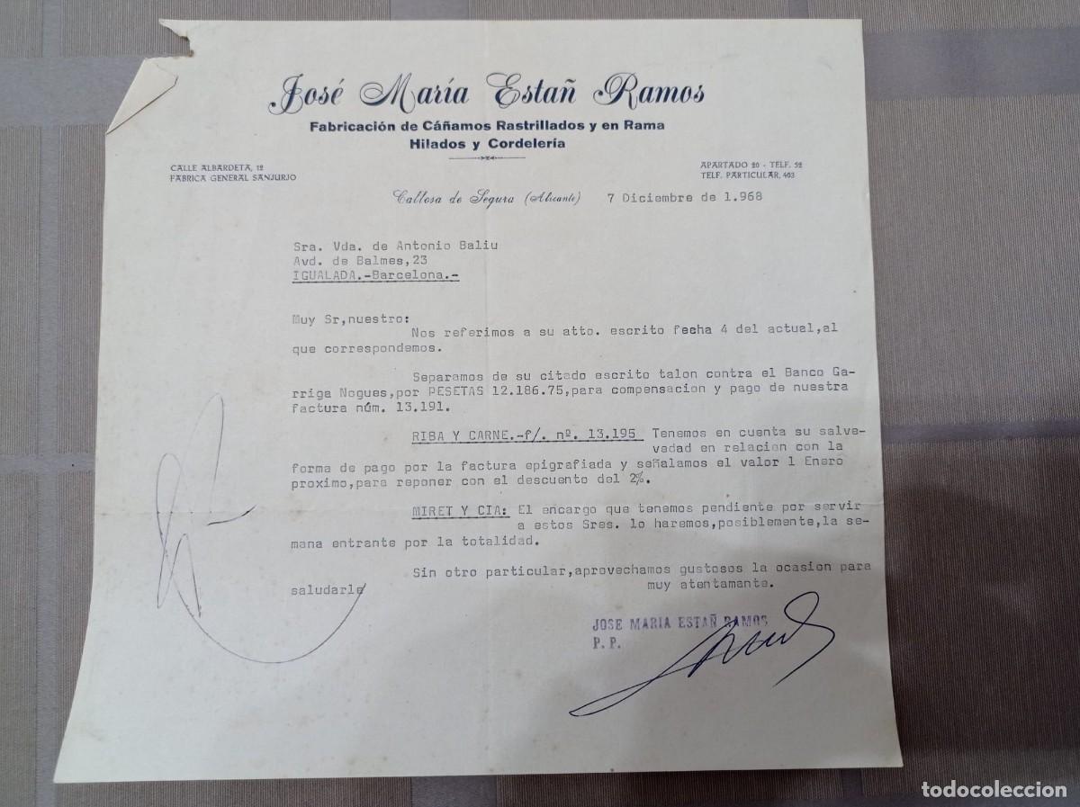 Otros art&iacute;culos de coleccionismo en papel: Carta Jos&eacute; Mar&iacute;a Esta&ntilde; Ramos c&aacute;&ntilde;amos rastrillos hilados y cordeler&iacute;a Callosa de Segura Alicante 1968