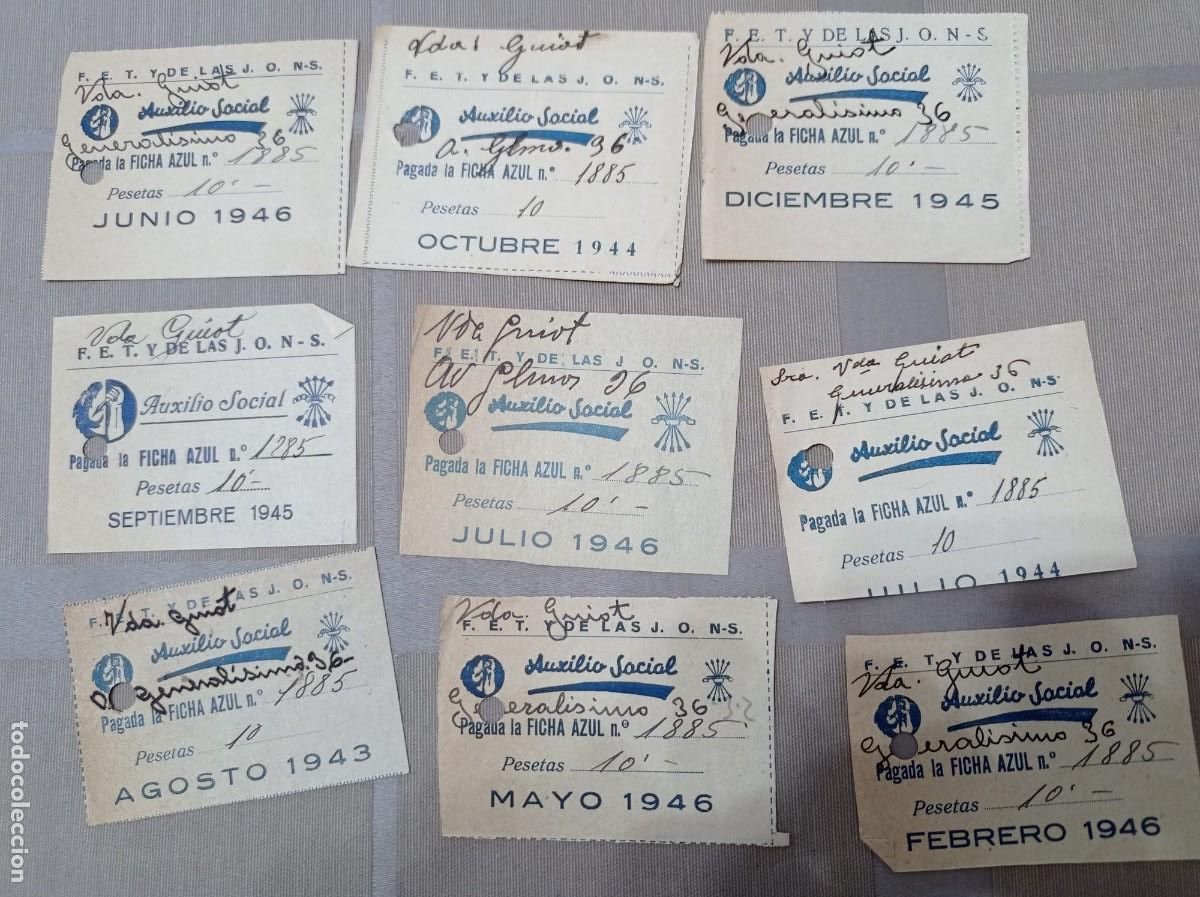 Otros Art&iacute;culos de Coleccionismo en Papel: 9 vales auxilio social 1943,44,45 y 46 pagada ficha azul F.e.t. de las J.O.N.S