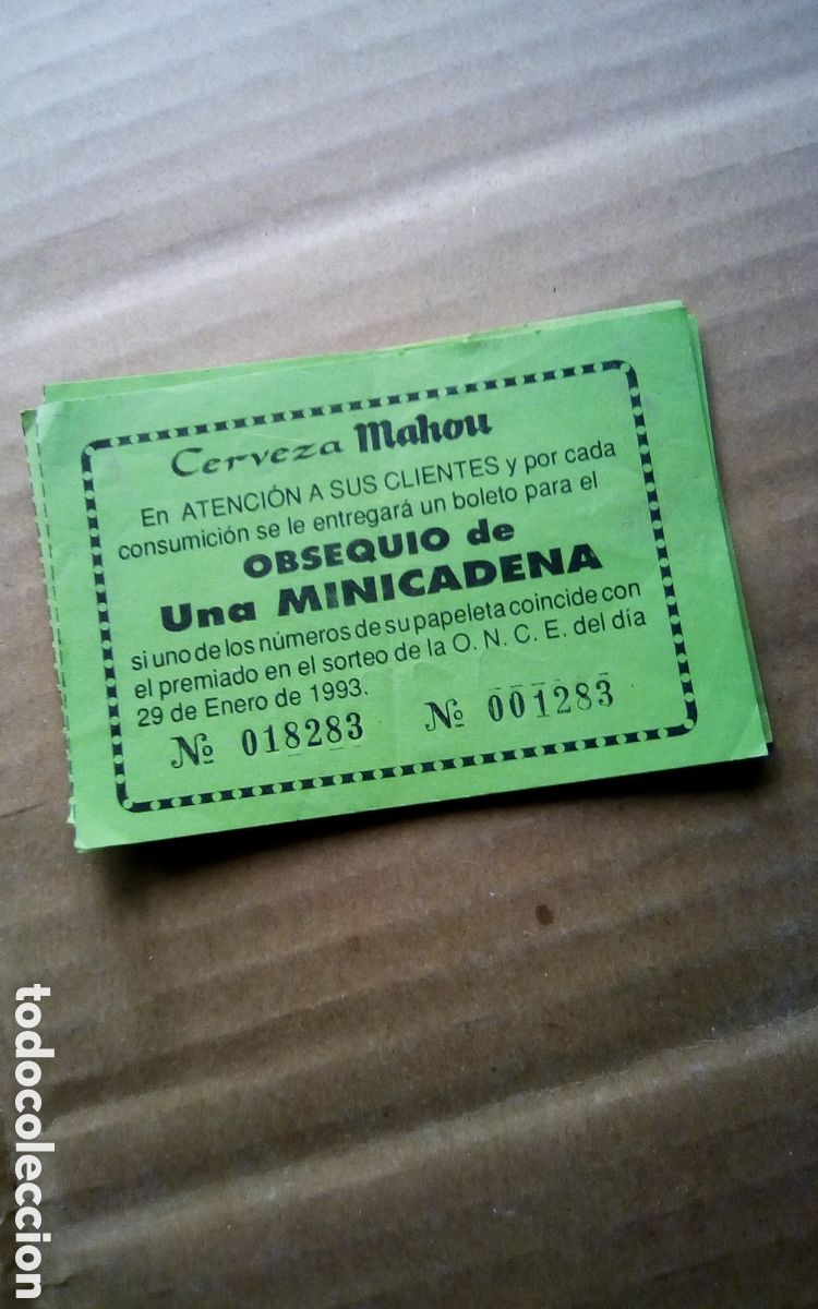 Otros art&iacute;culos de coleccionismo en papel: Papeleta obsequio Cerveza Mahou. Participaci&oacute;n sorteo minicadena. 29-01-93.