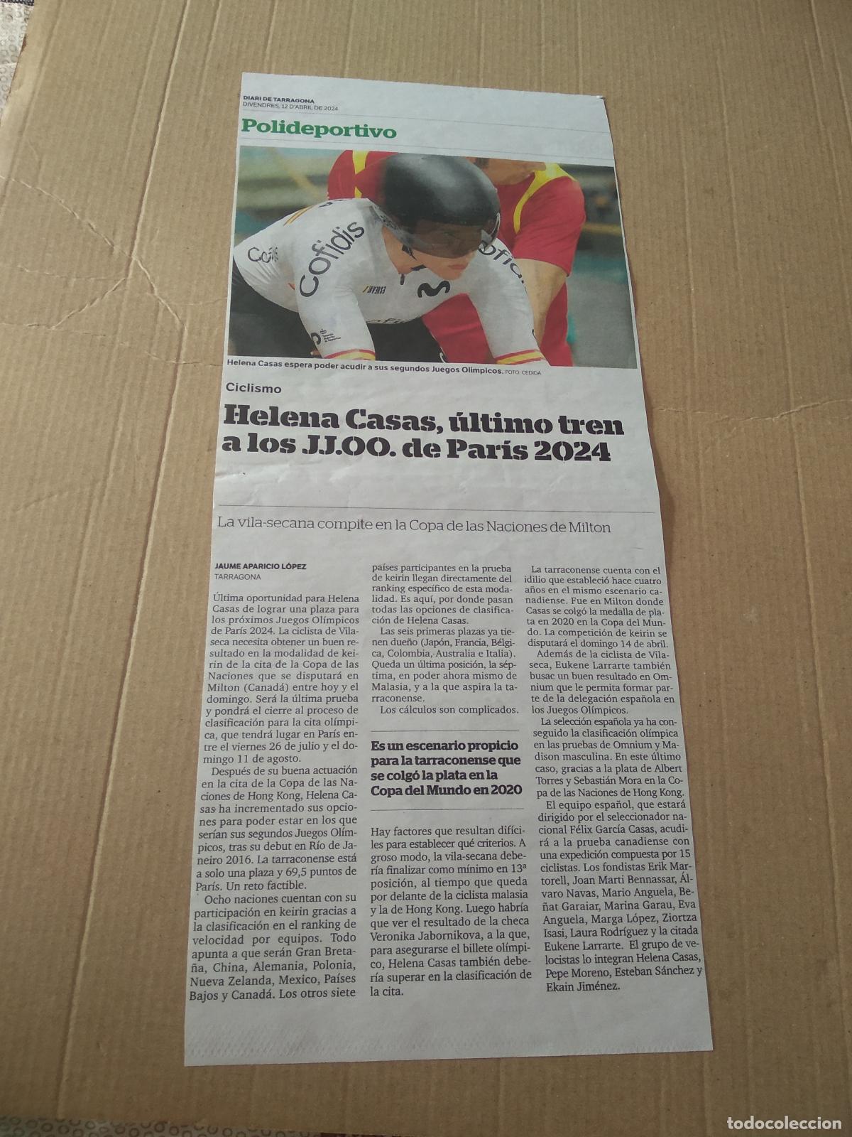 Otros Art&iacute;culos de Coleccionismo en Papel: HOJA PERIODICO DIARI DE TARRAGONA HELENA CASAS CICLISMO DE PISTA