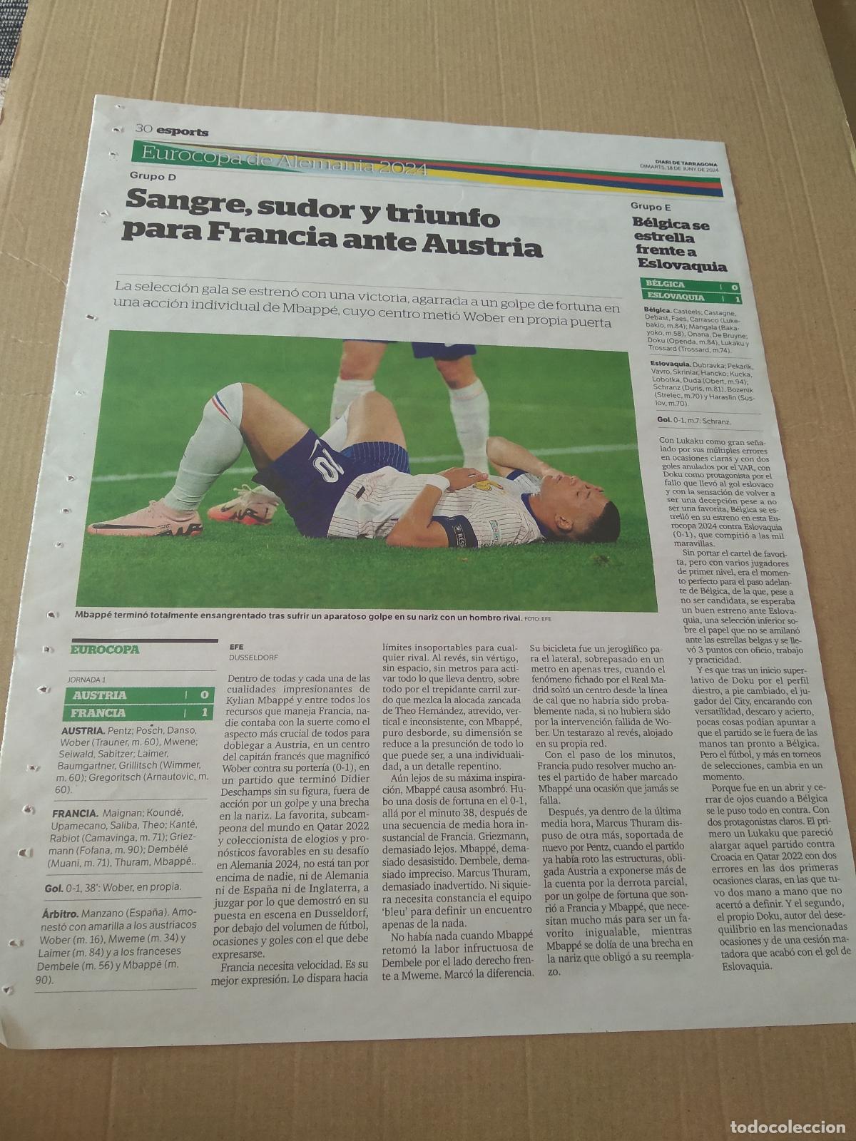 Otros Art&iacute;culos de Coleccionismo en Papel: HOJA PERIODICO DIARI DE TARRAGONA MBAPPE FRANCIA KEVIN MEDINA MALAGA VS NASTIC TARRAGONA GOROSTIDI