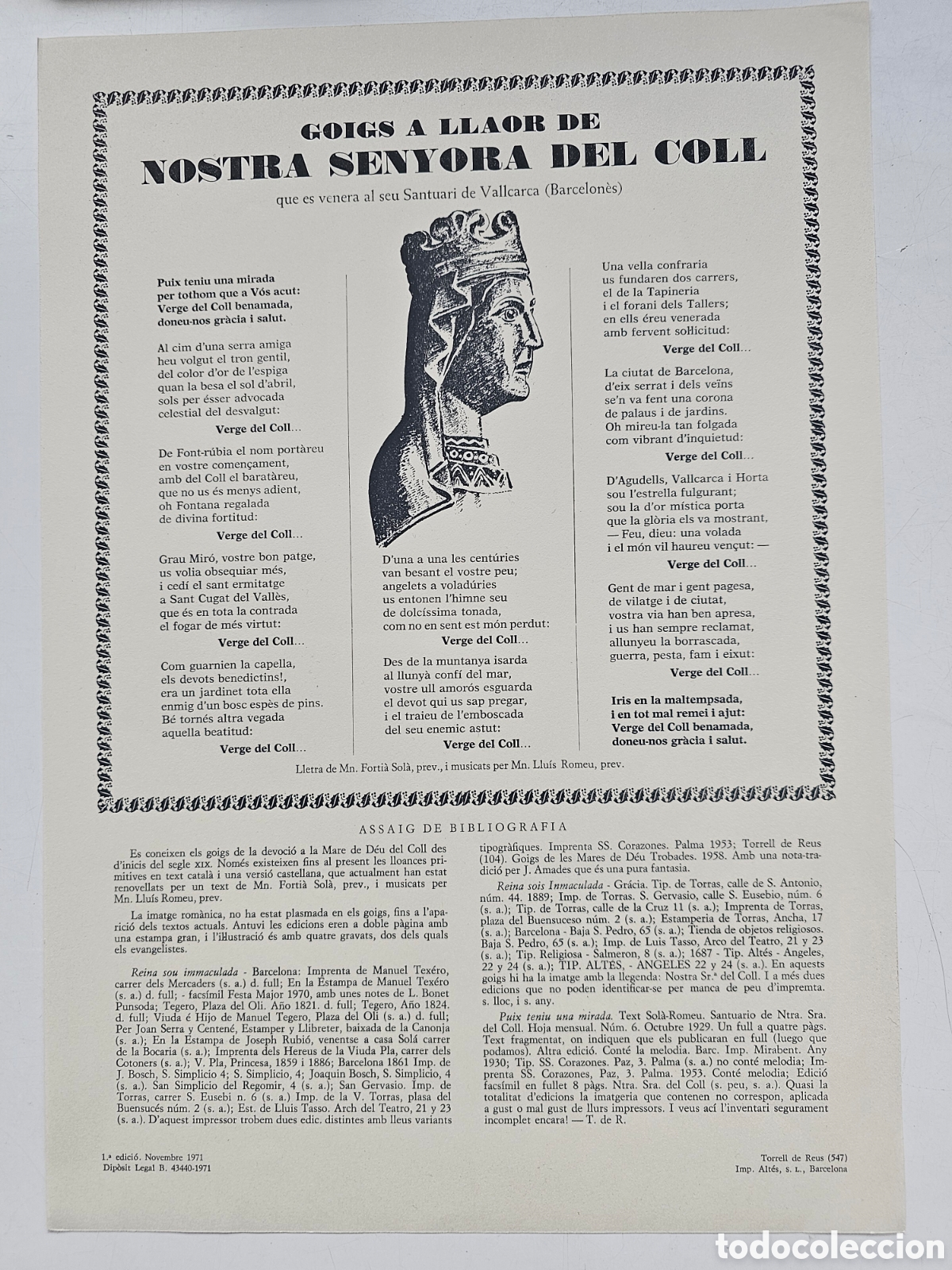 Outros artigos de papel: Goigs Gozos a Nostra Senyora del Coll Santuari de Vallcarca 1971