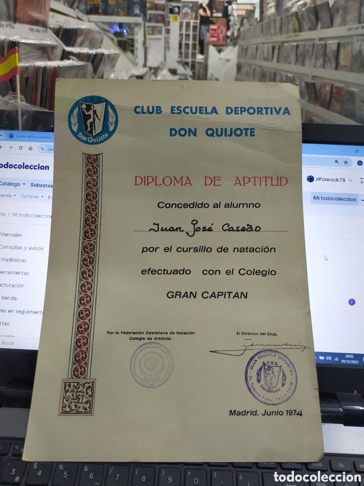 Otros Art&iacute;culos de Coleccionismo en Papel: Club escuela deportiva don quijote diploma de aptitud colegio gran capitan junio 1974