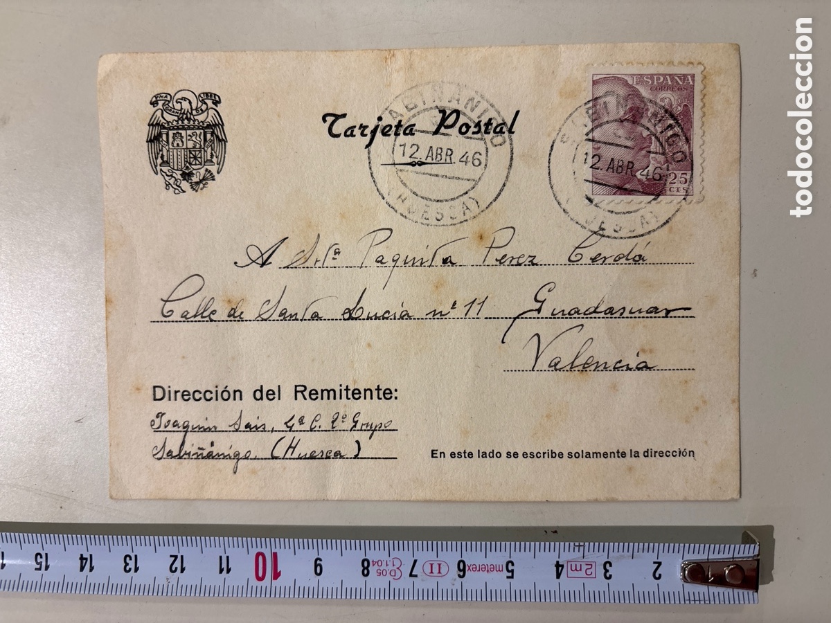 Otros art&iacute;culos de coleccionismo en papel: TARJETA POSTAL. SABI&Ntilde;&Aacute;NIGO, HUESCA A GUADASUAR, VALENCIA. 11 ABRIL 1946.