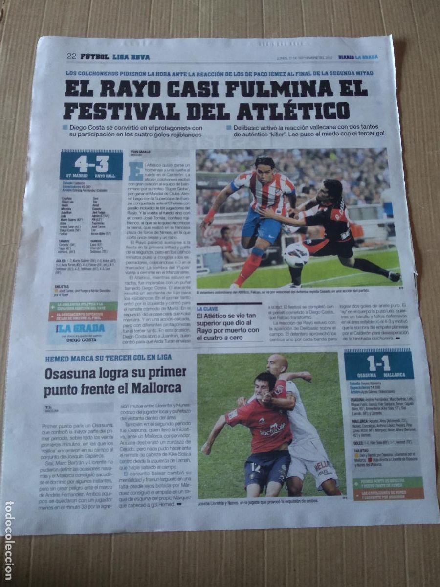 Otros Art&iacute;culos de Coleccionismo en Papel: HOJA PERIODICO DIARIO LA GRADA FALCAO ATLETICO DE MADRID CASADO JOSEBA LLORENTE NUNES USBAN BMW