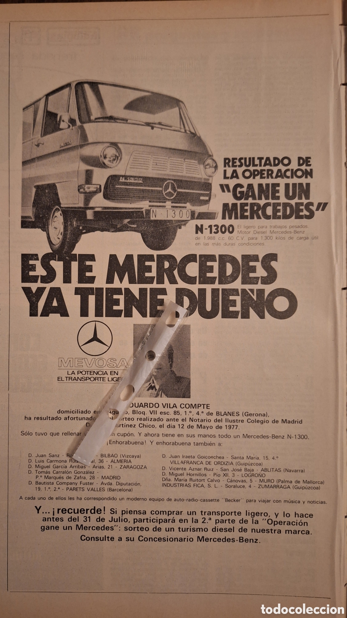 Paper Collecting Others: Publicidad furgoneta Mercedes benz mevosa de 1977