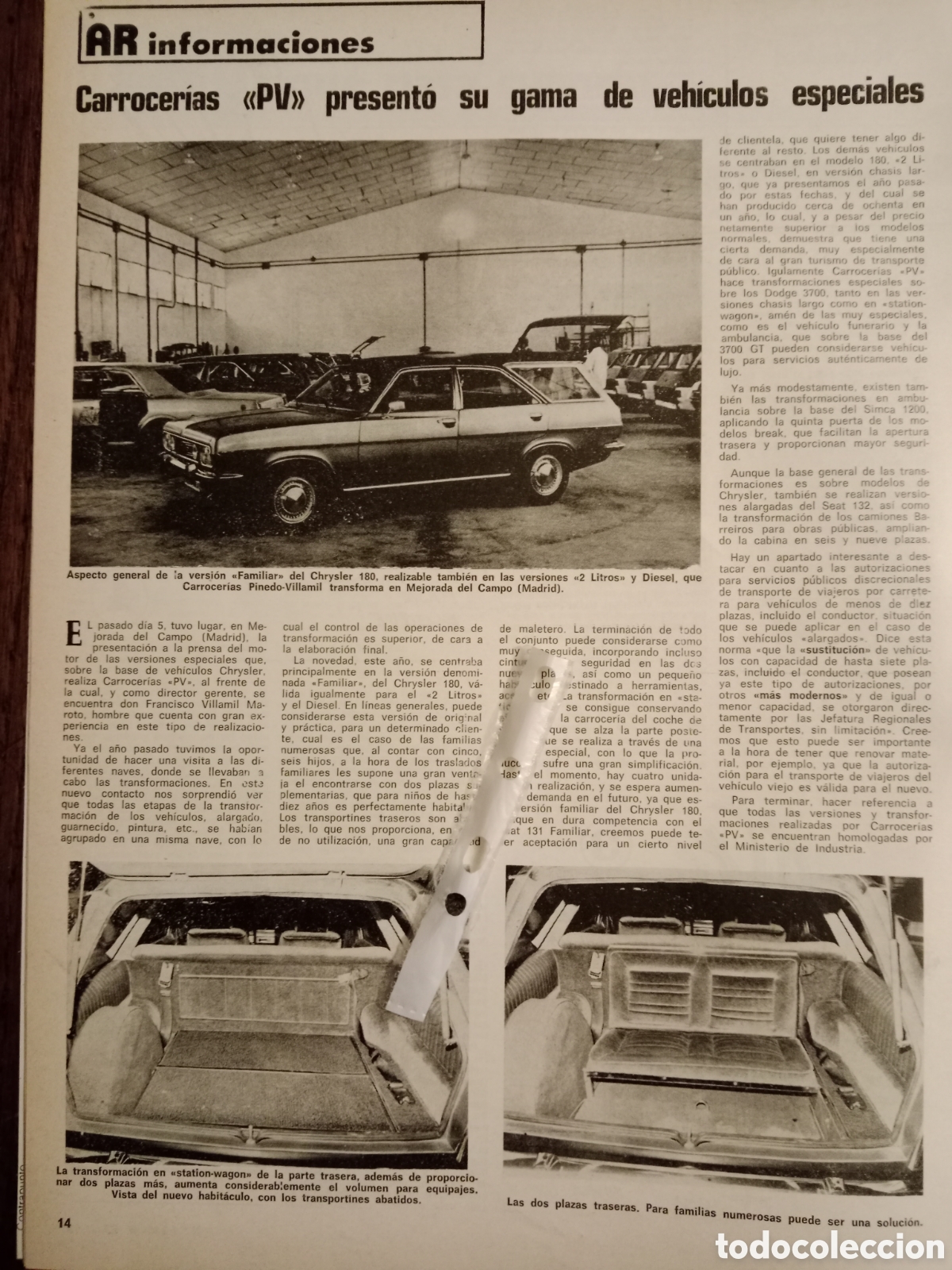 Otros Art&iacute;culos de Coleccionismo en Papel: Reportaje autom&oacute;vil carrocer&iacute;as PV Chrysler de 1977