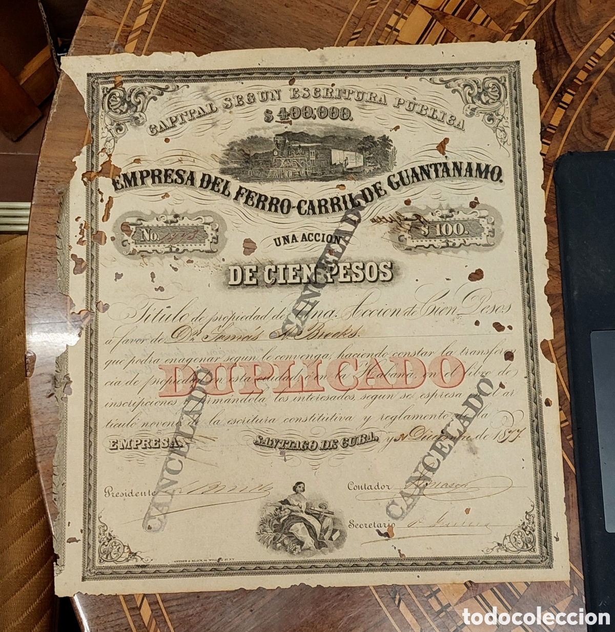 Outros artigos de papel: 1905 acci&oacute;n Empresa del Ferro-carril de Guantanamo $100 n&ordm; 1473