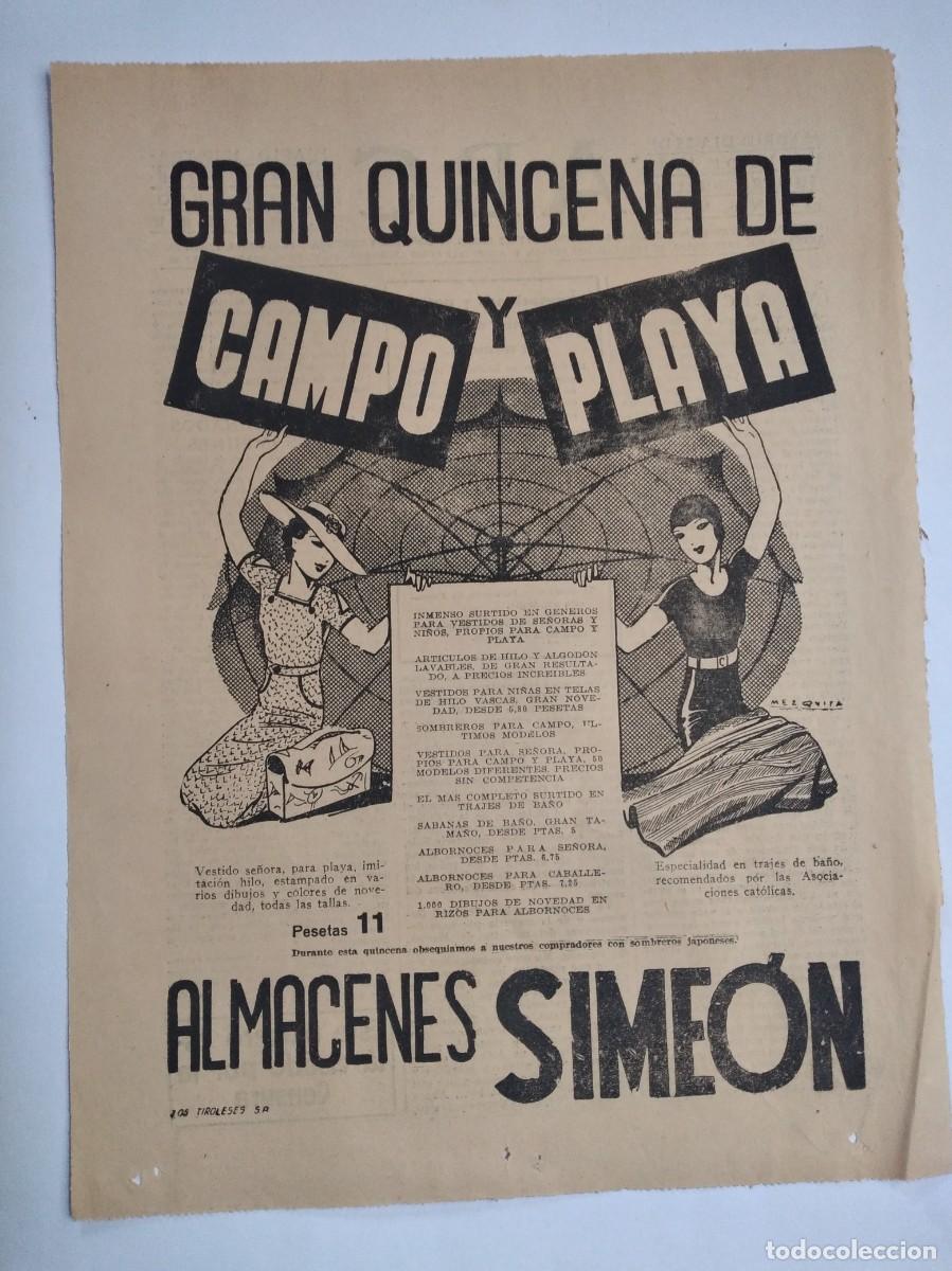 Paper Collecting Others: ALMACENES SIME&Oacute;N GRAN QUINCENA DE CAMPO Y PLAYA VESTIDOS PLAYA TRAJES DE BA&Ntilde;O 1935 PUBLICIDAD