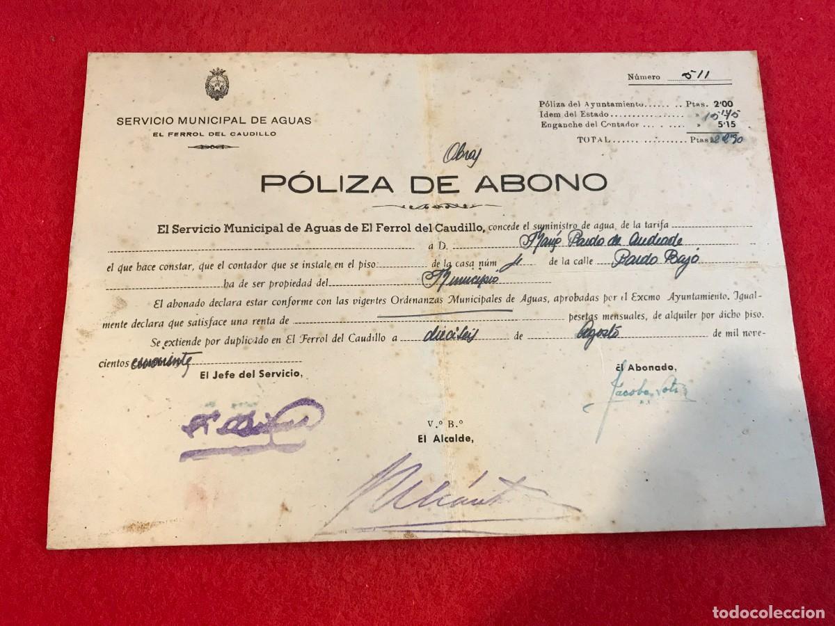 Sammelleidenschaft Andere Papierartikel: SERVICIO MUNICIPAL DE AGUAS. FERROL. P&Oacute;LIZA DE ABONO. 23 X 16CM. CARTULINA