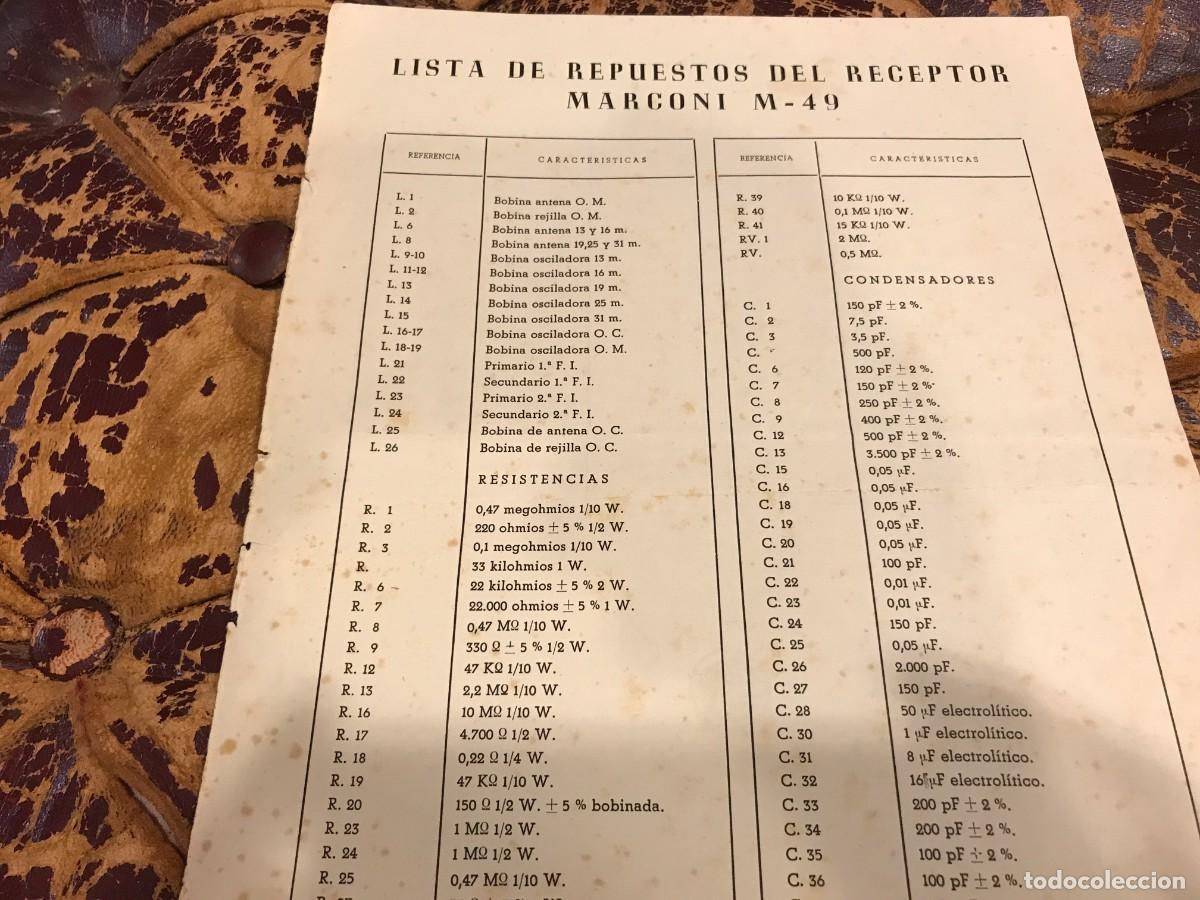 Collectionnisme Papier divers: LISTA DE REPUESTOS DEL RECEPTOR MARCONI M-49