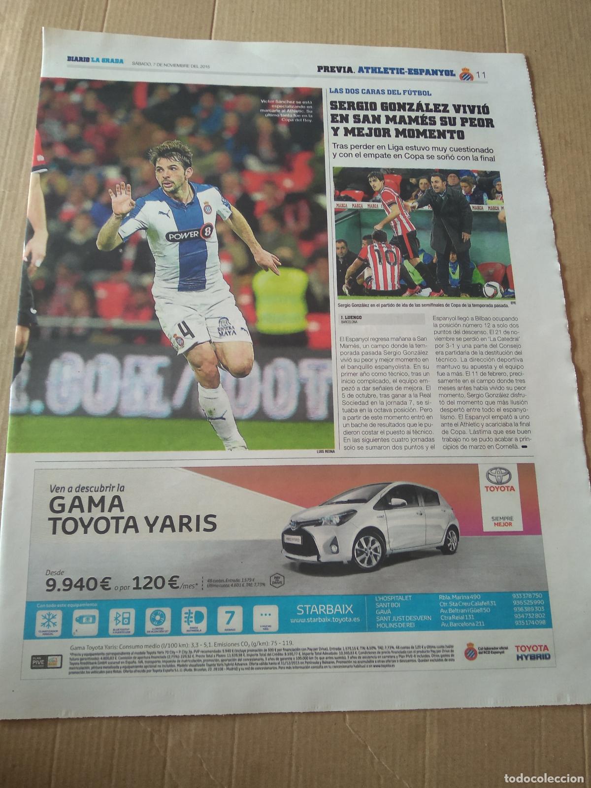 Otros Art&iacute;culos de Coleccionismo en Papel: HOJA PERIODICO DIARIO LA GRADA VICTOR SANCHEZ ESPANYOL VS ATHLETIC CLUB BILBAO TOYOTA PUBLICIDAD