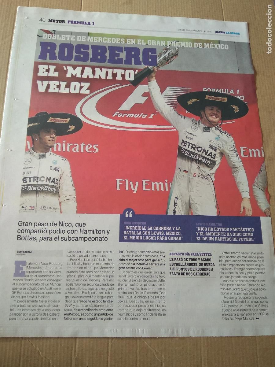 Otros Art&iacute;culos de Coleccionismo en Papel: HOJA PERIODICO DIARIO LA GRADA ROSBERG FORMULA 1 F1 TERCERA CATALANA CLASIFICACION