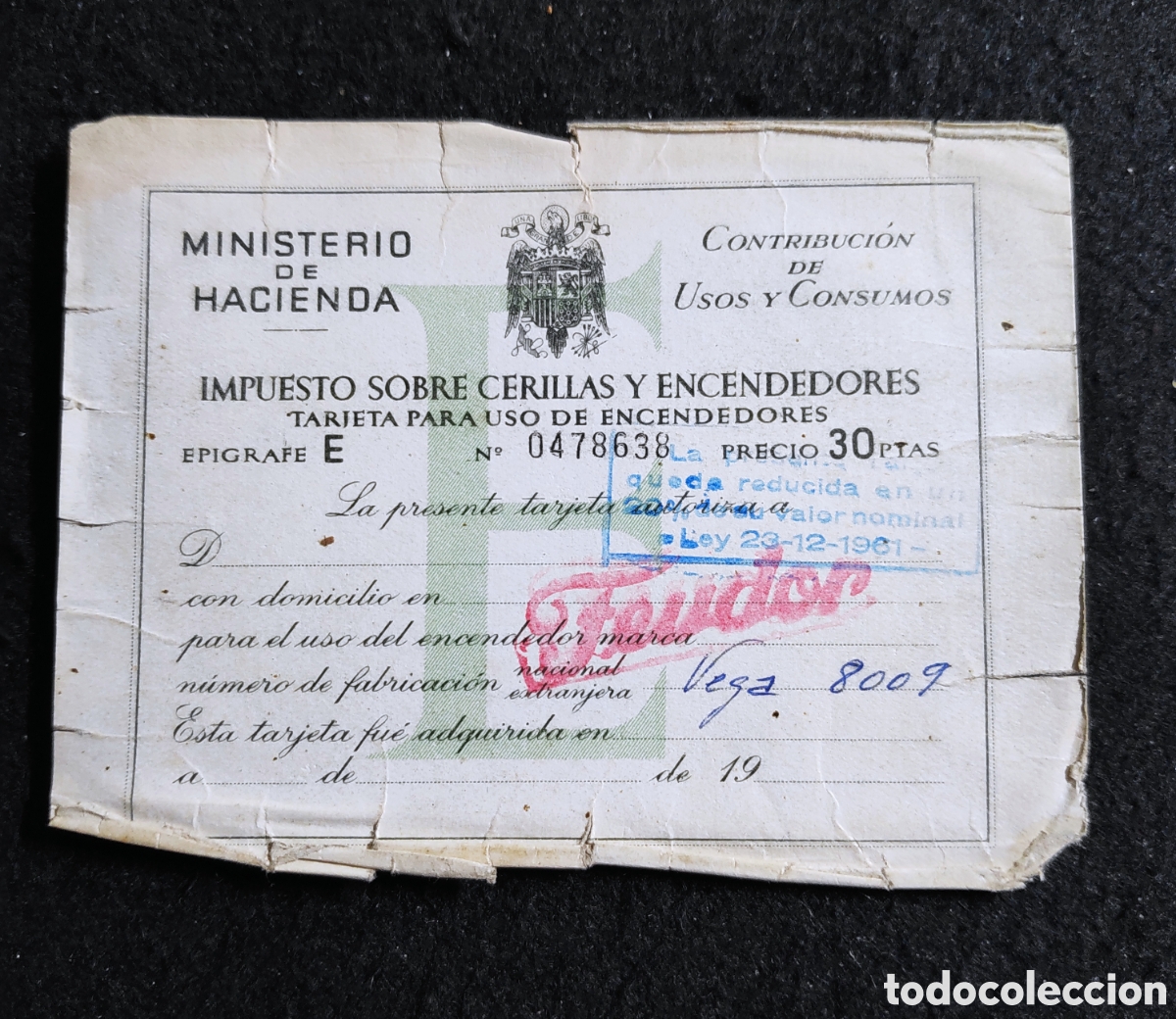 Collectionnisme Papier divers: MINISTERIO DE HACIENDA - IMPUESTO SOBRE CERILLAS Y ENCENDEDORES - A&Ntilde;O 1961