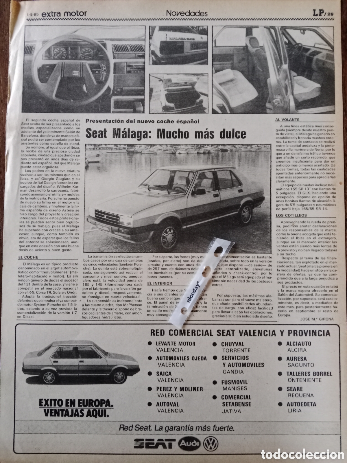 Otros art&iacute;culos de coleccionismo en papel: Reportaje autom&oacute;vil Seat m&aacute;laga de 1985