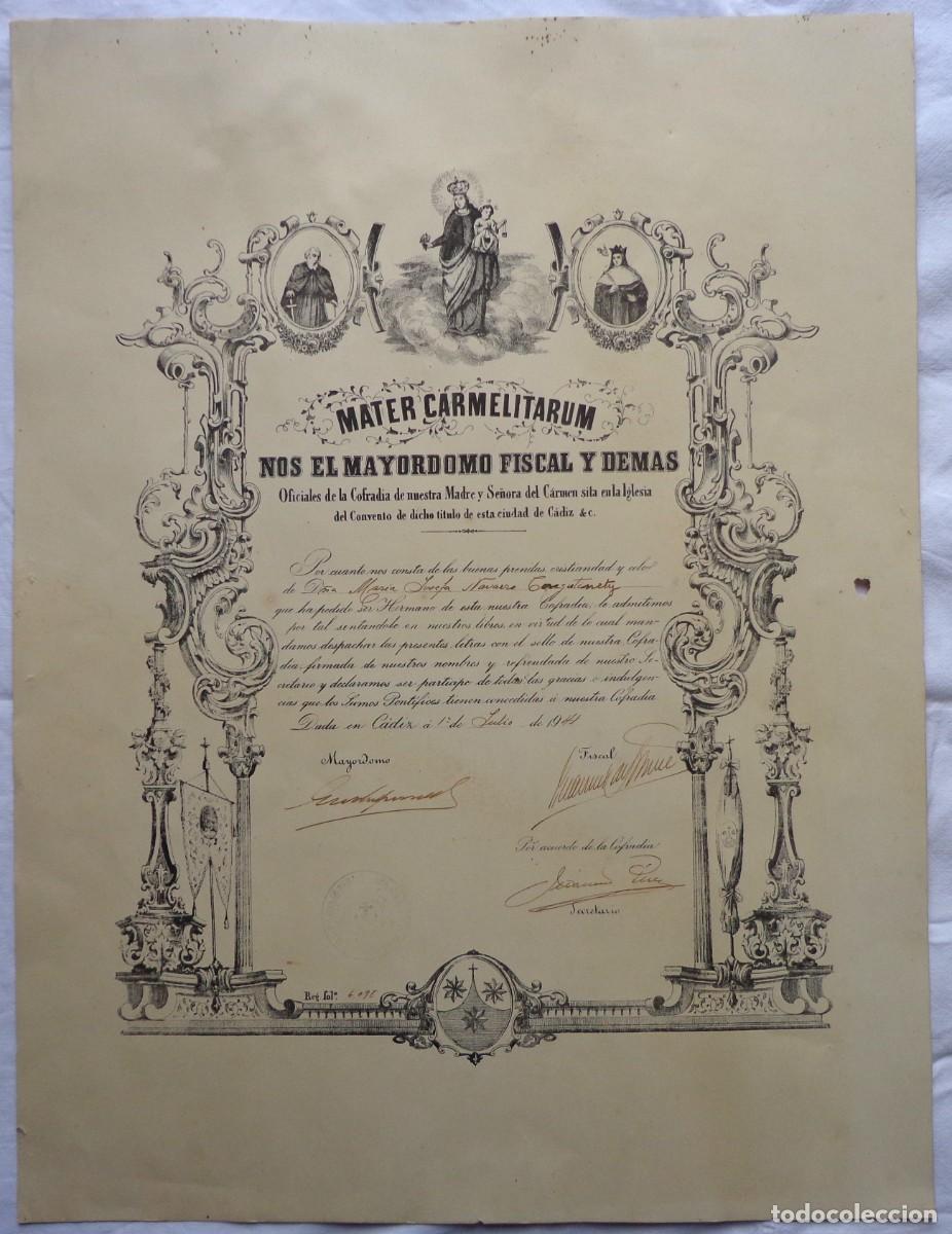 Otros Art&iacute;culos de Coleccionismo en Papel: TITULO CONCESION DE HERMANO-COFRADIA DE NUESTRA MADRE Y SE&Ntilde;ORA DEL CARMEN-1941-CADIZ