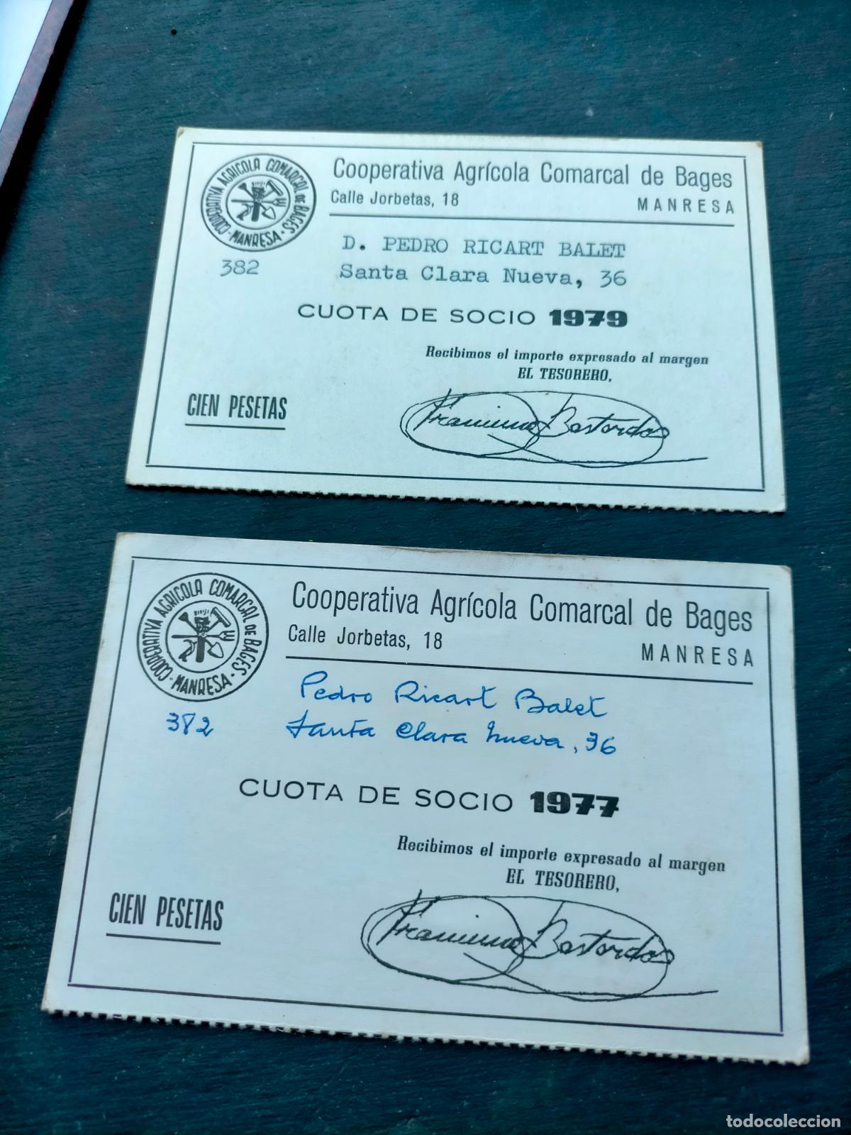 Otros Art&iacute;culos de Coleccionismo en Papel: Cooperativa agr&iacute;cola comarcal de Bages Manresa cuota de socio de 1977 y 1979 Ricart Balet