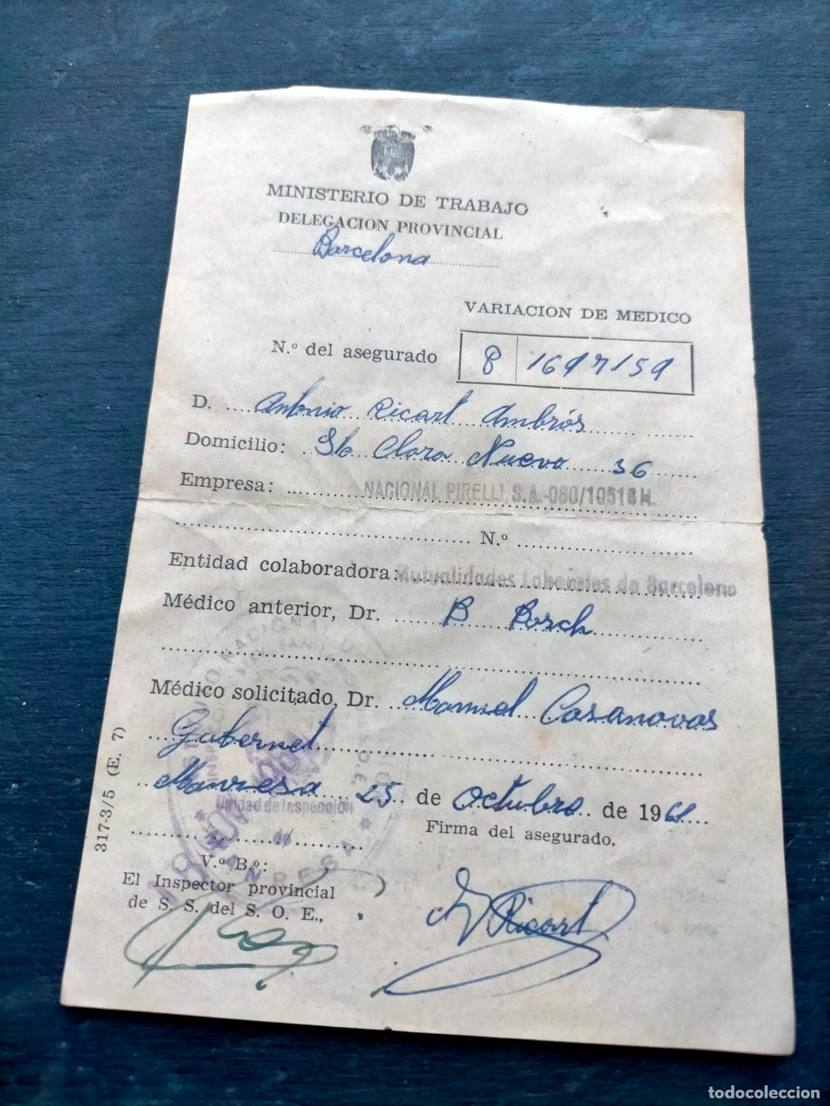 Altri oggetti di carta: Ministerio de trabajo delegacion provincial Barcelona Nacional Pirelli Manresa a&ntilde;os 60