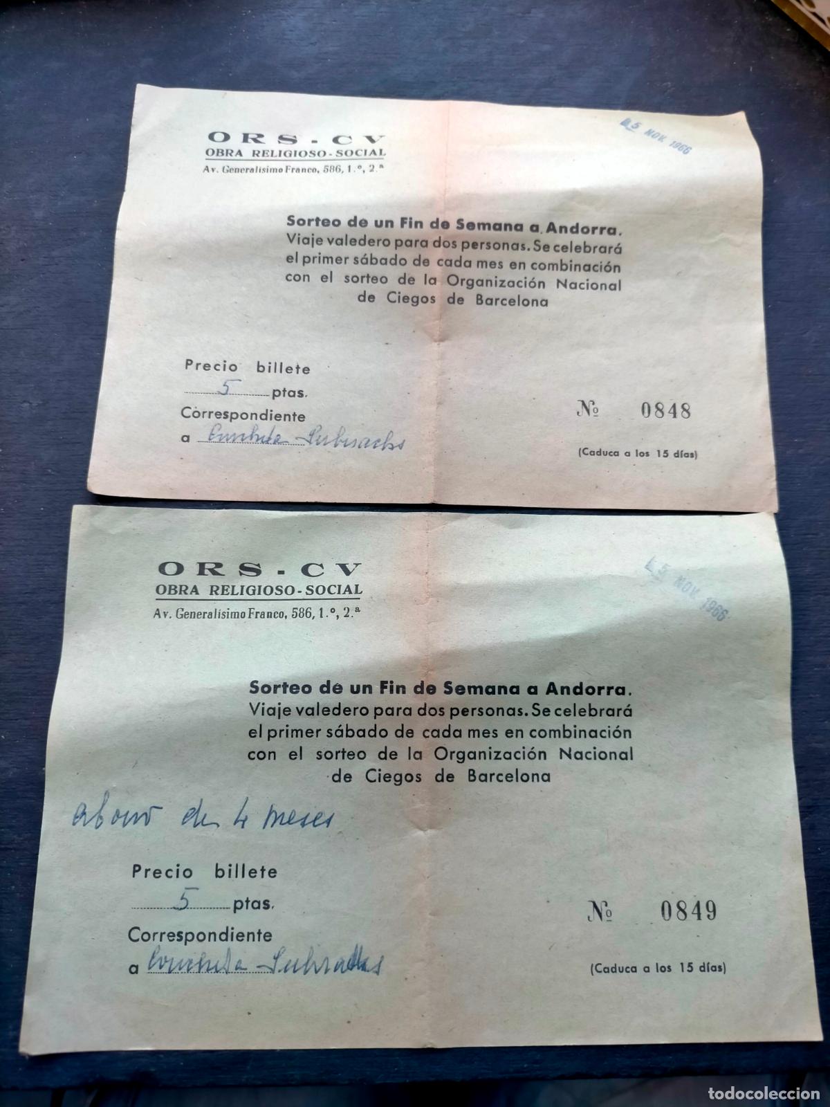 Otros Art&iacute;culos de Coleccionismo en Papel: ORS-CV obra religioso-social sorteo fin de semana a Andorra viaje Arenys de Mar ciegos 1966