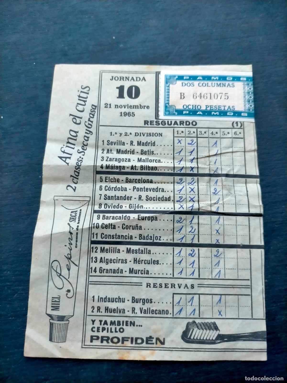 Otros Art&iacute;culos de Coleccionismo en Papel: Jornada 10 21 noviembre 1965 dos columnas sorteo de futbol afina cutis miel pepinos profiden PAMOS
