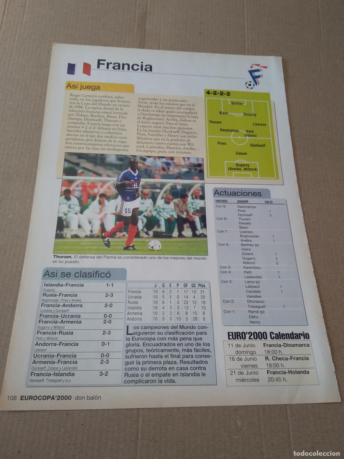 Otros Art&iacute;culos de Coleccionismo en Papel: HOJA REVISTA DON BALON EXTRA EURO 2000 EUROCOPA FRANCIA THURAM EQUIPO PLANTILLA ZIDANE ANELKA PIRES