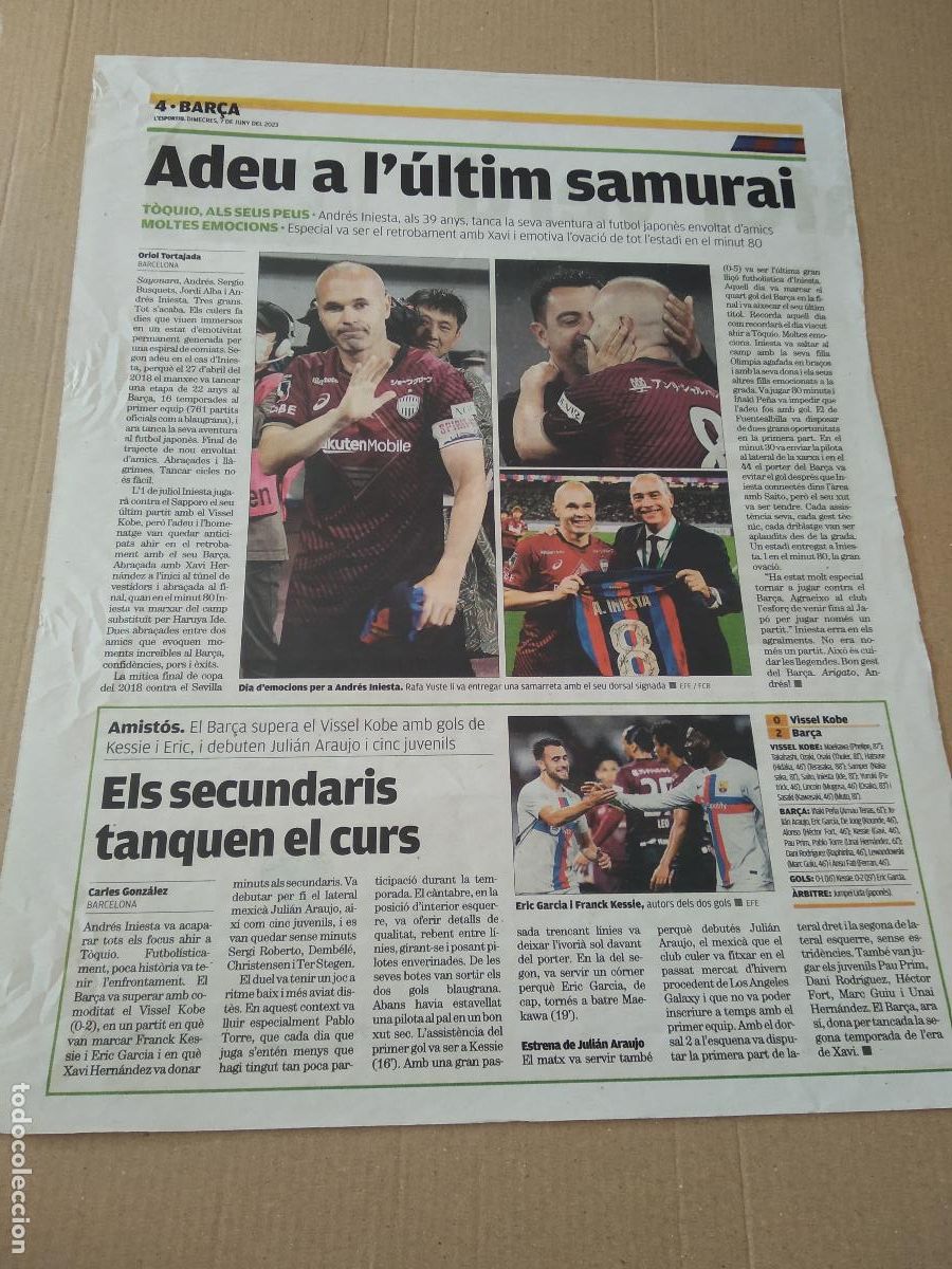 Otros Art&iacute;culos de Coleccionismo en Papel: HOJA DIARIO PERIODICO L'ESPORTIU INIESTA VISSEL KOBE RAFA YUSTE ERIC GARCIA KESSIE MESSI I&Ntilde;IGO GAVI