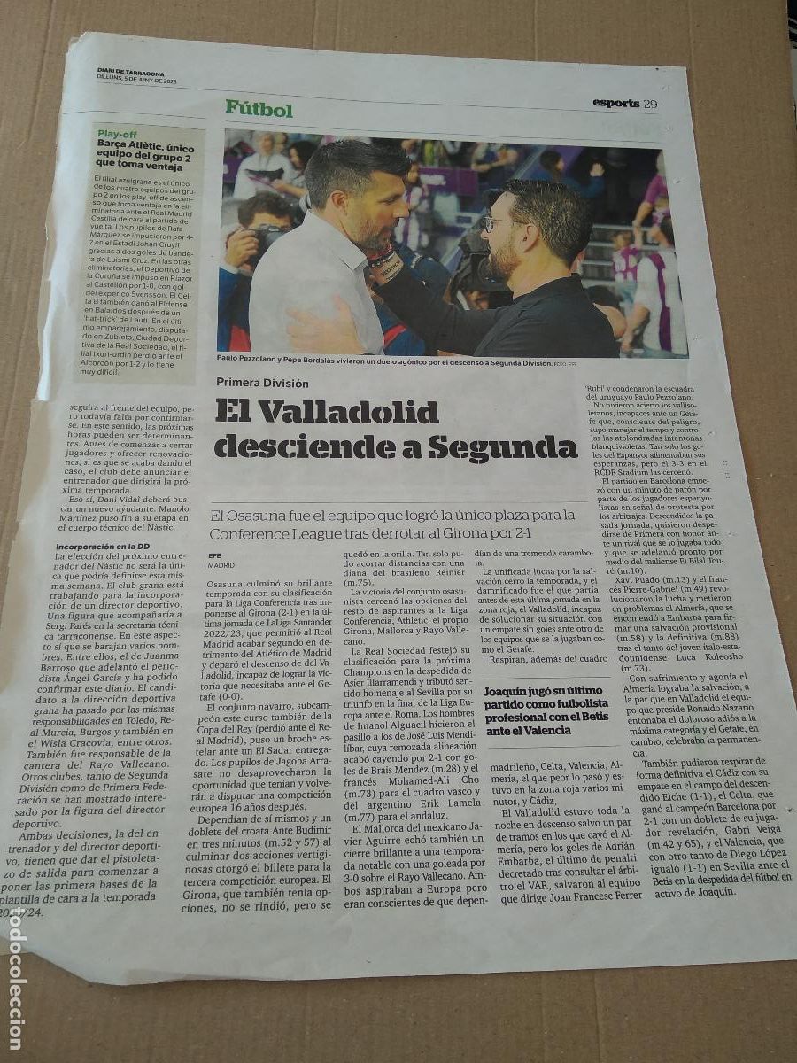 Otros Art&iacute;culos de Coleccionismo en Papel: HOJA DIARIO PERIODICO DIARI DE TARRAGONA PEZZOLANO VALLADOLID PEPE BORDALAS GETAFE BENZEMA MADRID