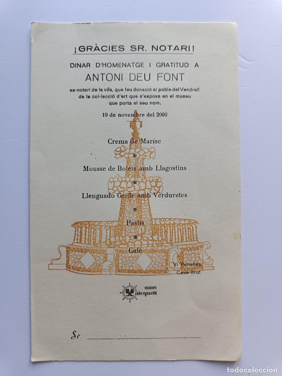 Otros Art&iacute;culos de Coleccionismo en Papel: TARJETA - DINAR D'HOMENATGE I GRATITUD A ANTONI DEU FON 2000 - NOTARI - RESTAURANT ALOQUELL