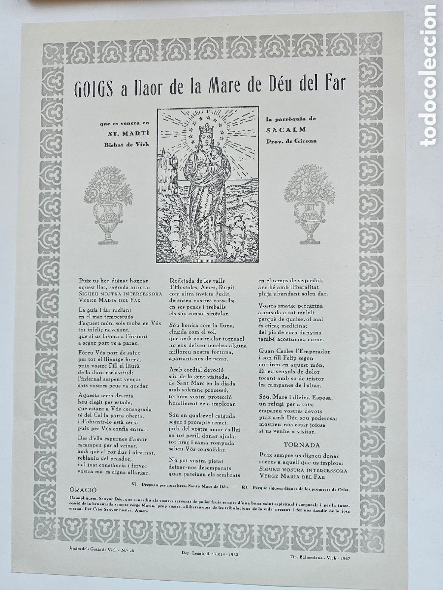 Outros artigos de papel: Goigs Gozos a Llaor Mare de D&eacute;u del Far St. Mart&iacute; Sacalm Vic, 1967