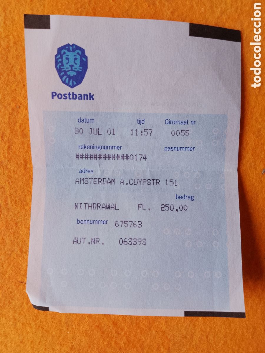 Altri oggetti di carta: POSTBANK . RESGUARDO CAJERO AUTOMATICO . AMSTERDAM . BANCO A&Ntilde;O 2001