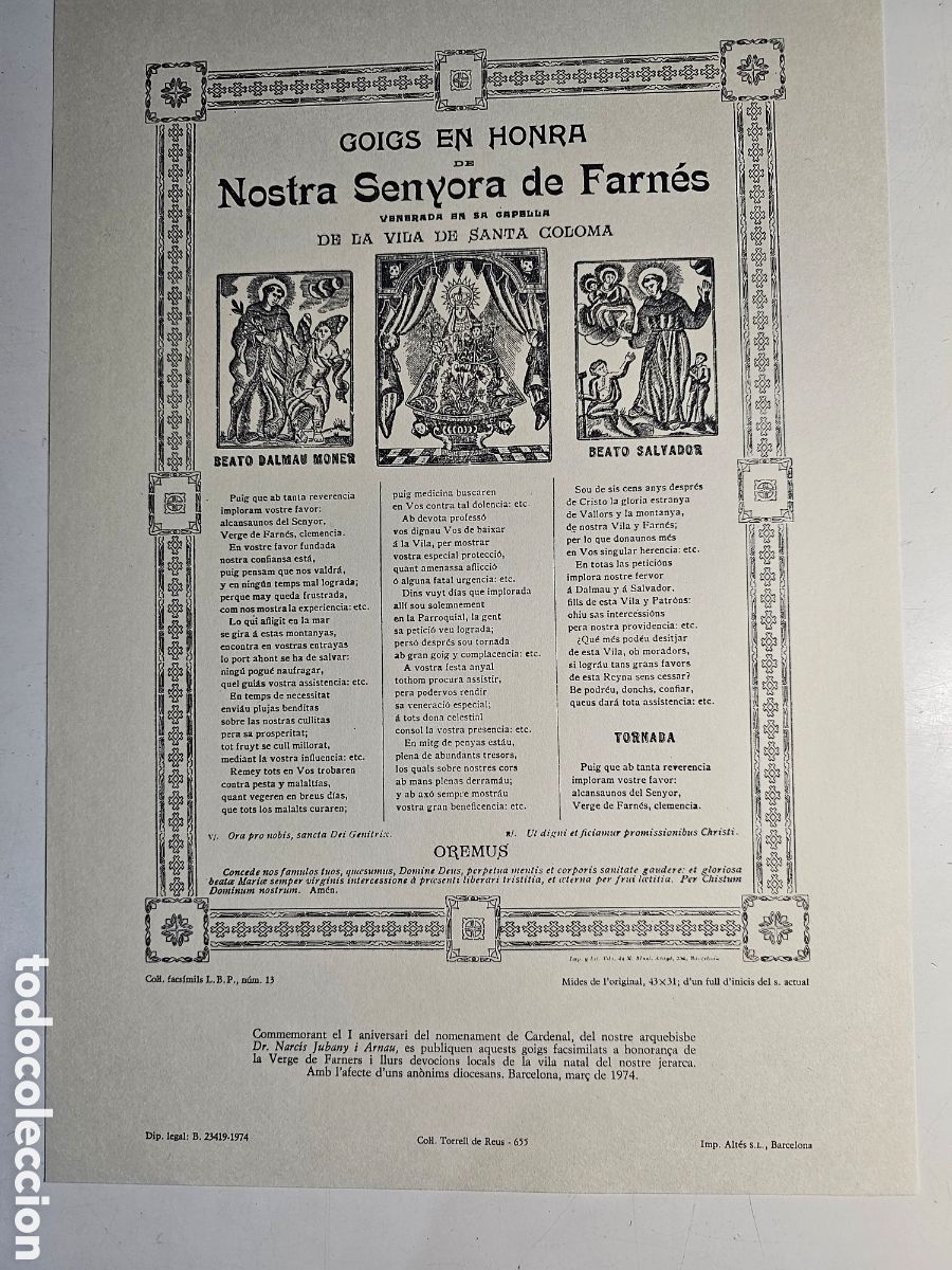 Outros artigos de papel: Goigs Gozos a Nostra Senyora de Farners, Santa Coloma de Farners 1974