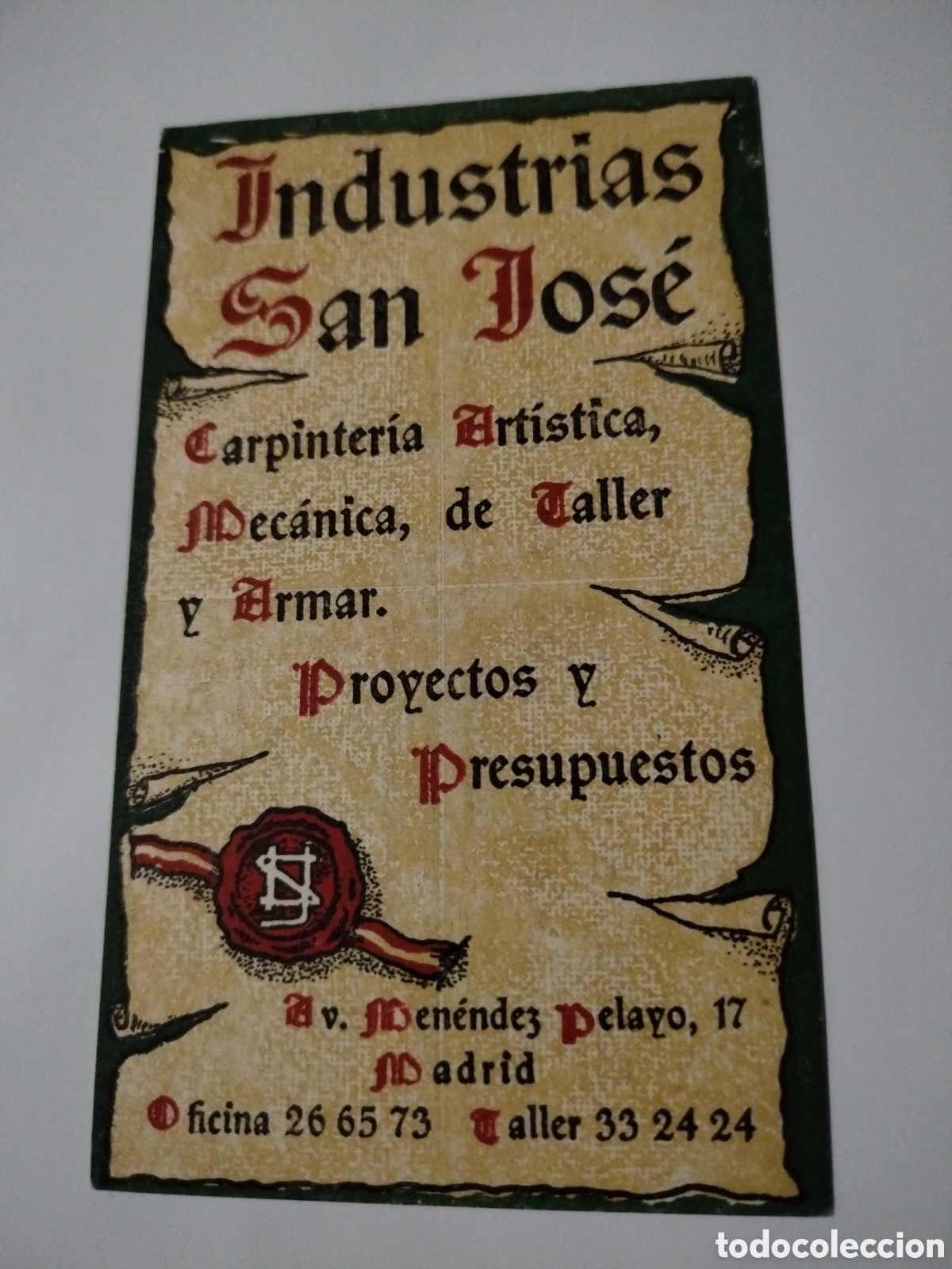 Otros Art&iacute;culos de Coleccionismo en Papel: Antigua tarjeta publicidad Industrias San Jos&eacute; Madrid