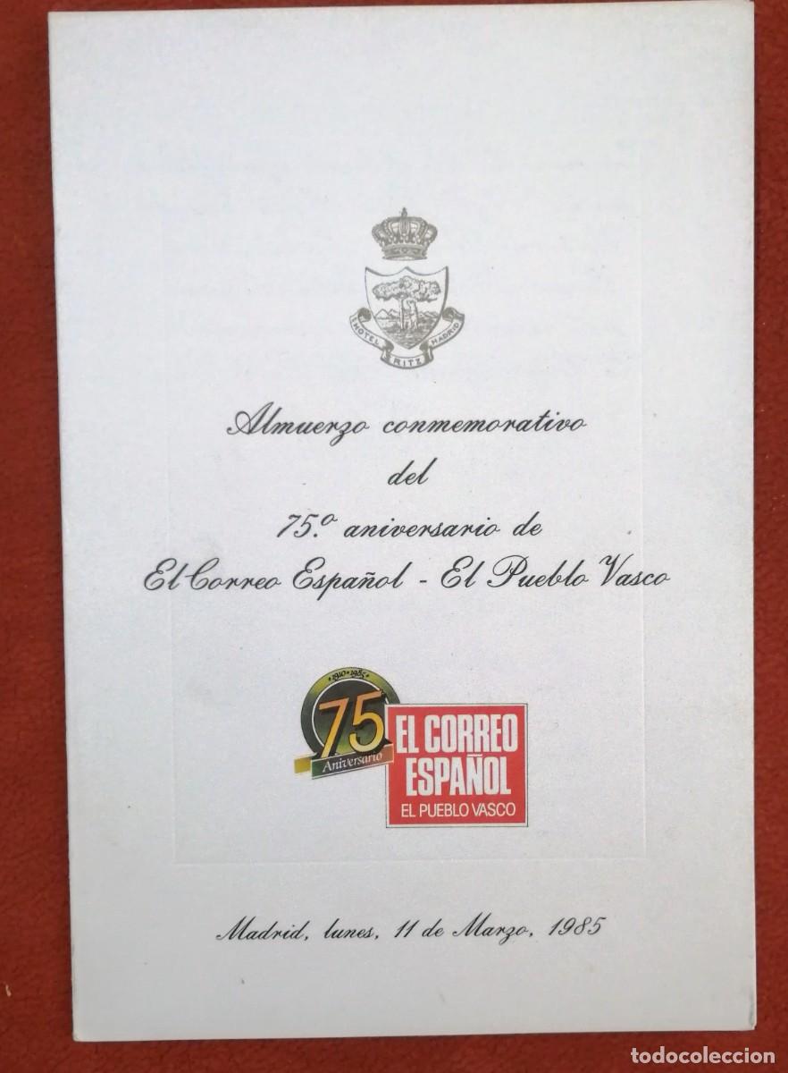 Otros Art&iacute;culos de Coleccionismo en Papel: El CORREO ESPA&Ntilde;OL. 75 ANIVERSARIO. 1985. MENU. SUBIJANA, ARZAKENVIO INCLUIDO.