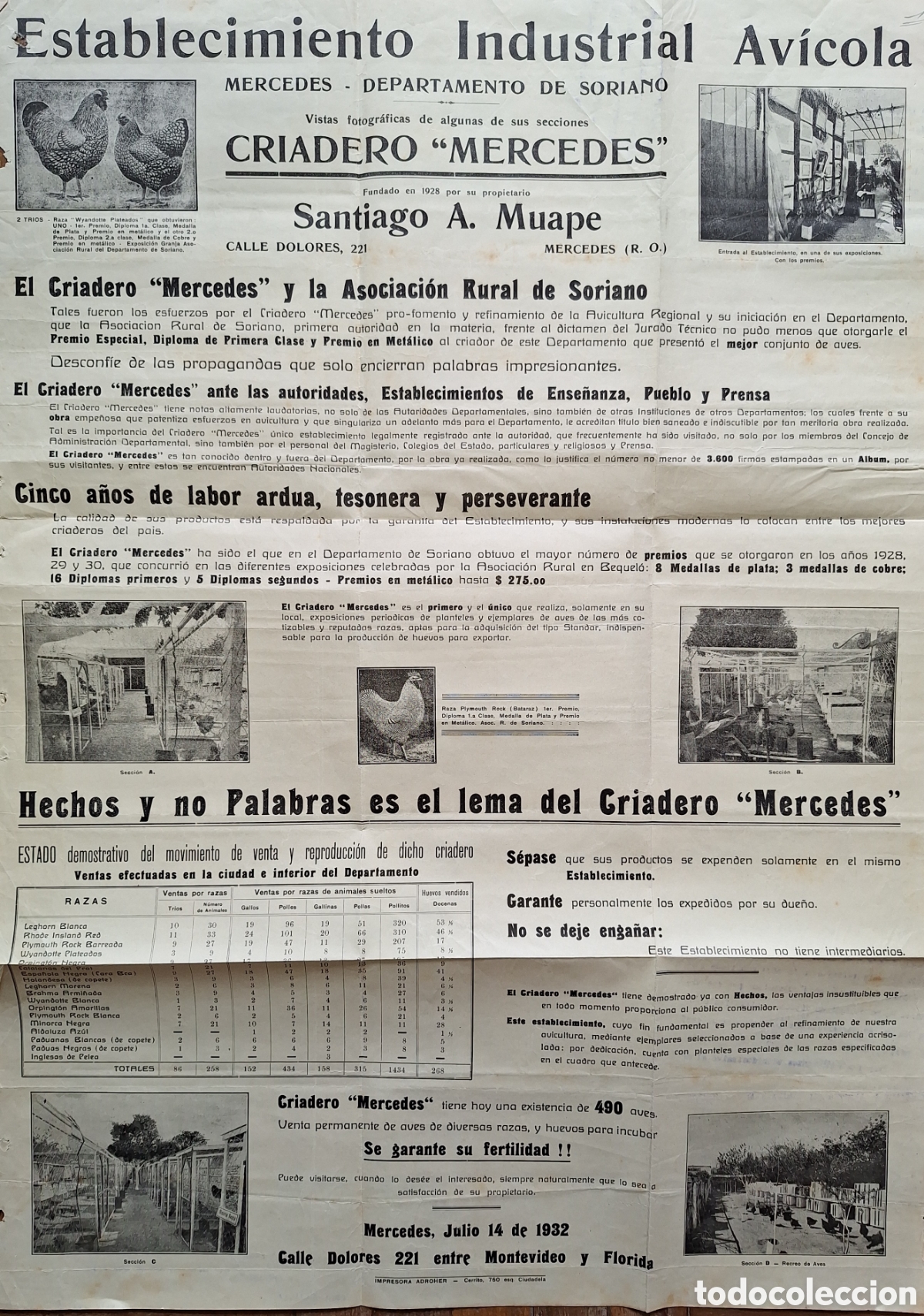 Otros art&iacute;culos de coleccionismo en papel: AFICHE POSTER CRIADERO AVICOLA DE SANTIAGO MUAPE MERCEDES ROU 1932