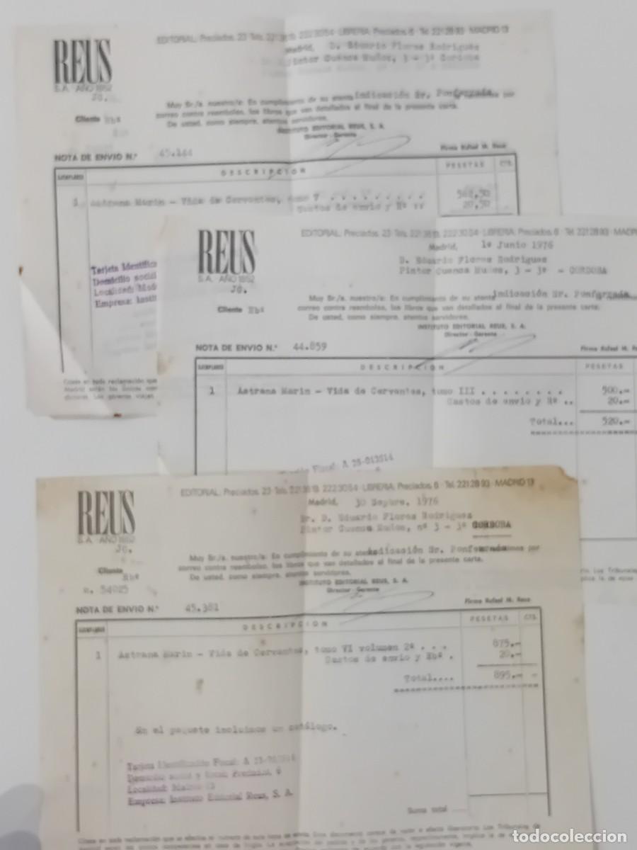 Otros art&iacute;culos de coleccionismo en papel: TRES FACTURAS DE LA EDITORIAL REUS. LIBRO VENDIDO VIDA DE CERVANTES. 1976