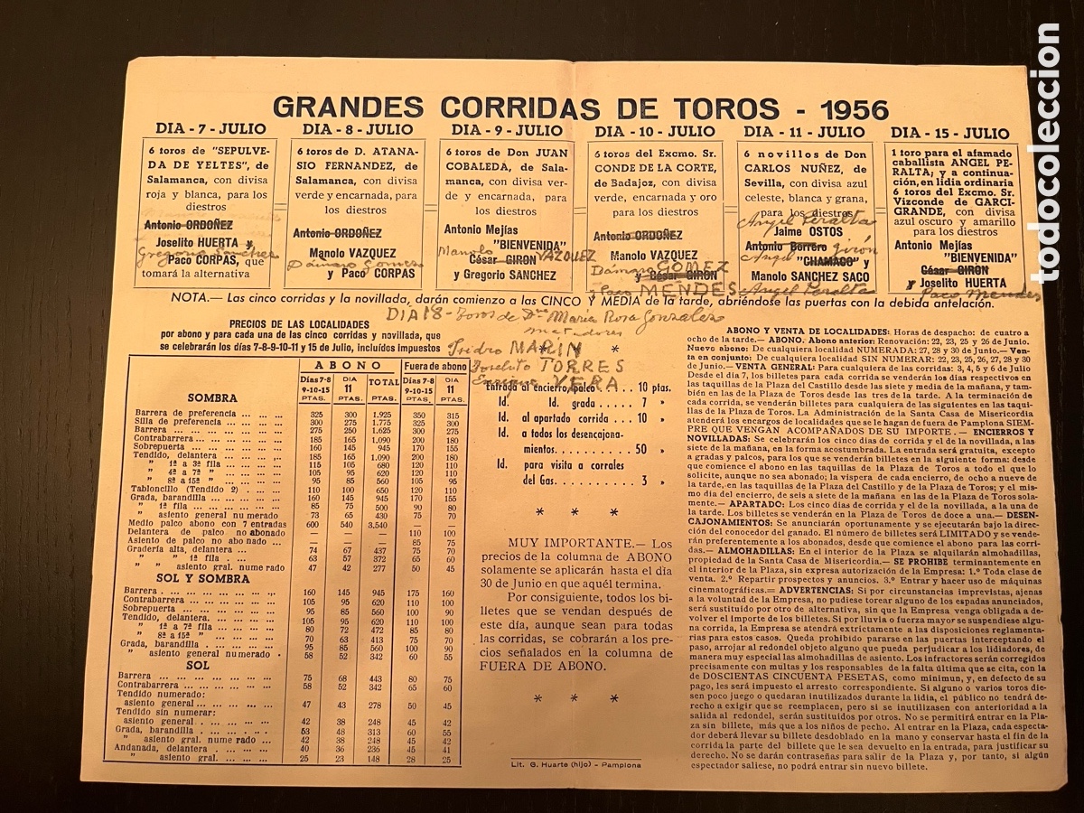Otros art&iacute;culos de coleccionismo en papel: Programa Toros San Ferm&iacute;n Pamplona 1956 - Foto 2