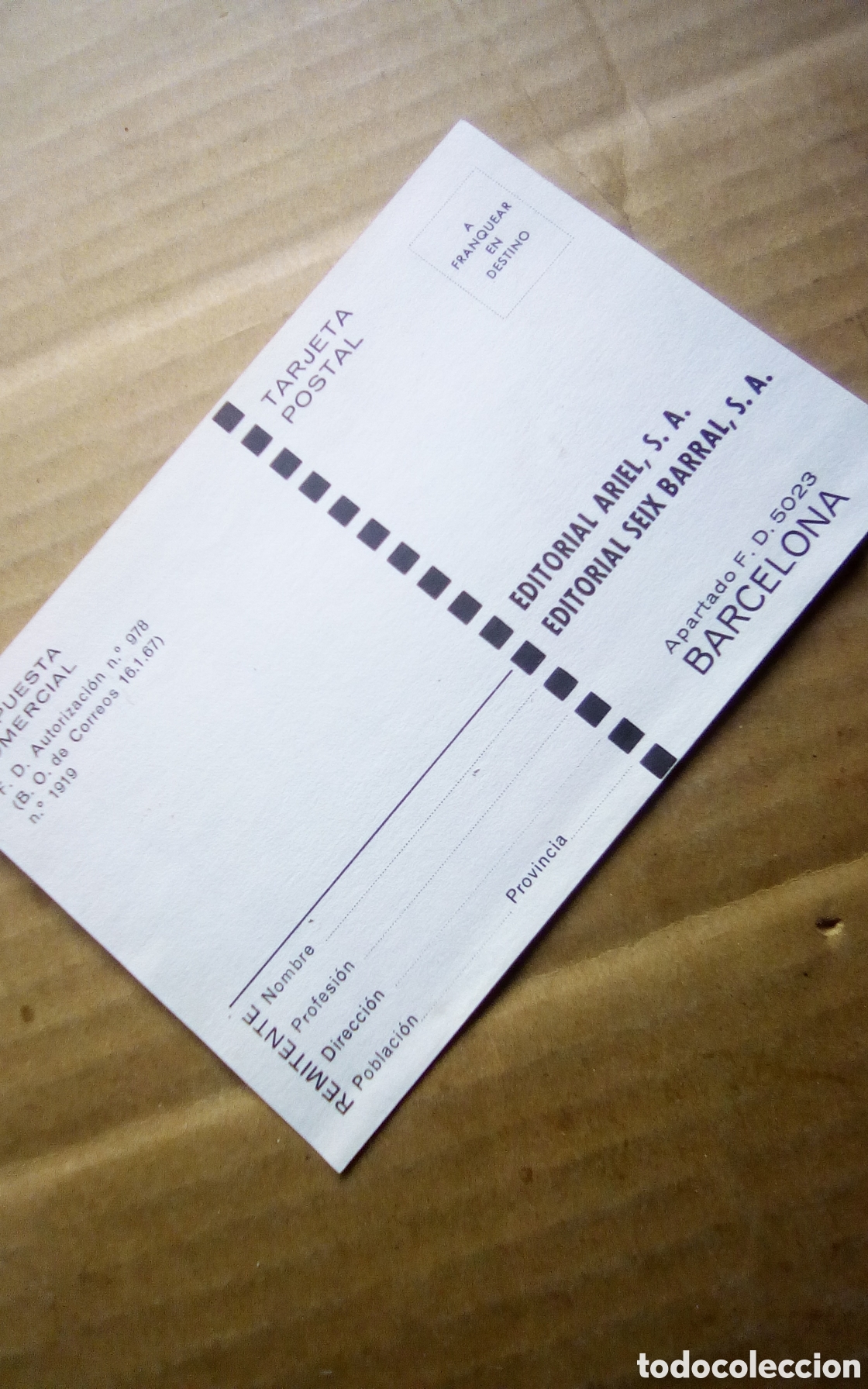 Otros Art&iacute;culos de Coleccionismo en Papel: Tarjeta postal de respuesta comercial. Editorial Ariel - Editorial Seix Barral.