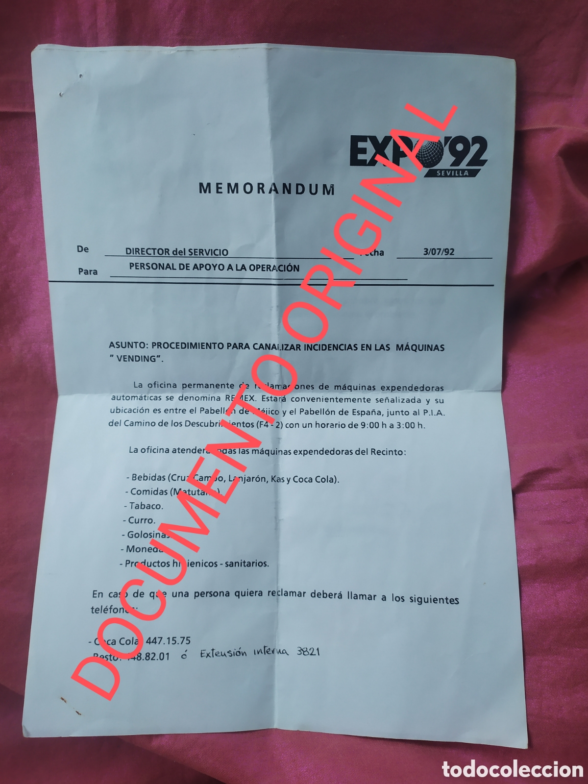 Otros art&iacute;culos de coleccionismo en papel: Expo 92 de Sevilla - Procedimiento para canalizar incidencias en las m&aacute;quinas &rdquo;Vending&rdquo;