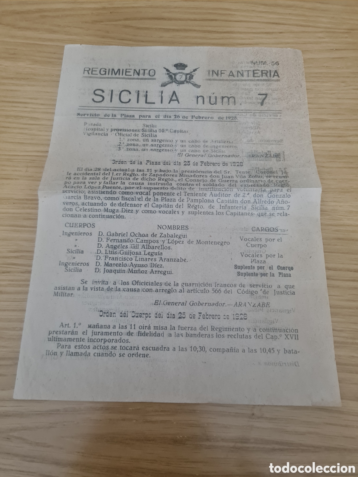 Otros Art&iacute;culos de Coleccionismo en Papel: ORDEN DEL REGIMIENTO INFANTERIA SICILIA 7. 1928