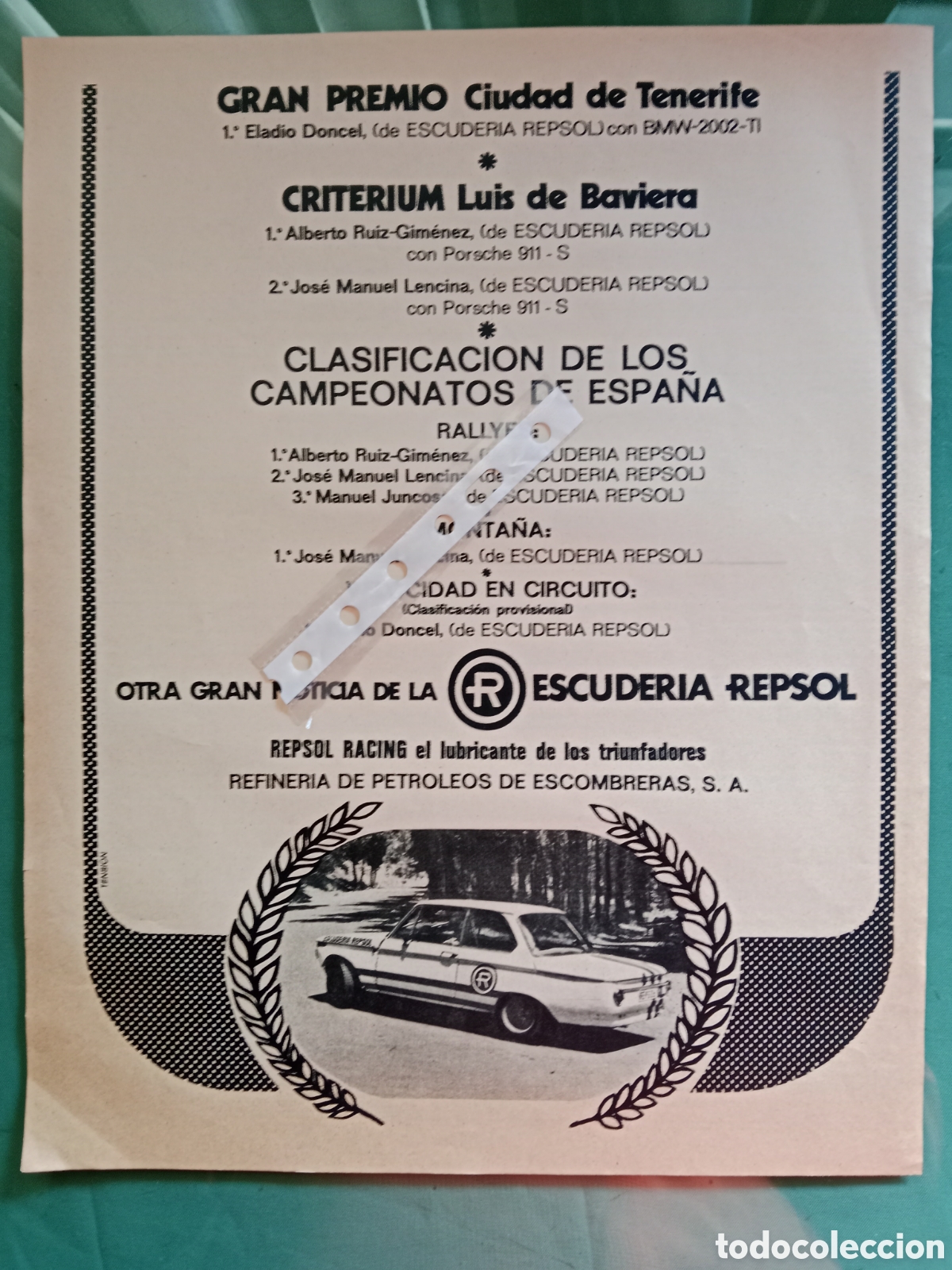 Paper Collecting Others: Publicidad escuderia Repsol autom&oacute;vil de 1971