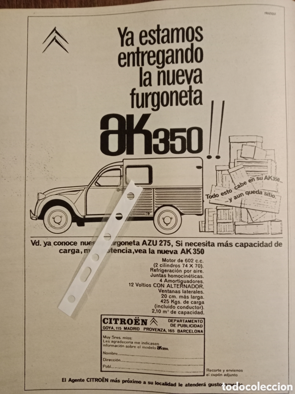 Otros Art&iacute;culos de Coleccionismo en Papel: Publicidad furgoneta Citroen ak 350 de 1967