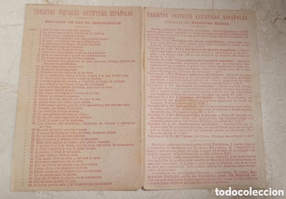 Otros art&iacute;culos de coleccionismo en papel: Cat&aacute;logo postales artistas espa&ntilde;olas Calleja soluci&oacute;n jerogl&iacute;ficos