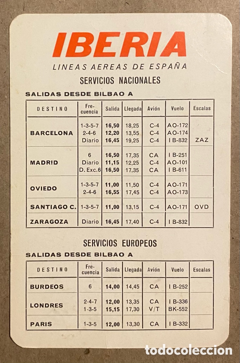 Otros Art&iacute;culos de Coleccionismo en Papel: IBERIA L&Iacute;NEAS A&Eacute;REAS DE ESPA&Ntilde;A DELEGACI&Oacute;N DE BILBAO. ANTIGUA TARJETA CON HORARIO DE VUELOS