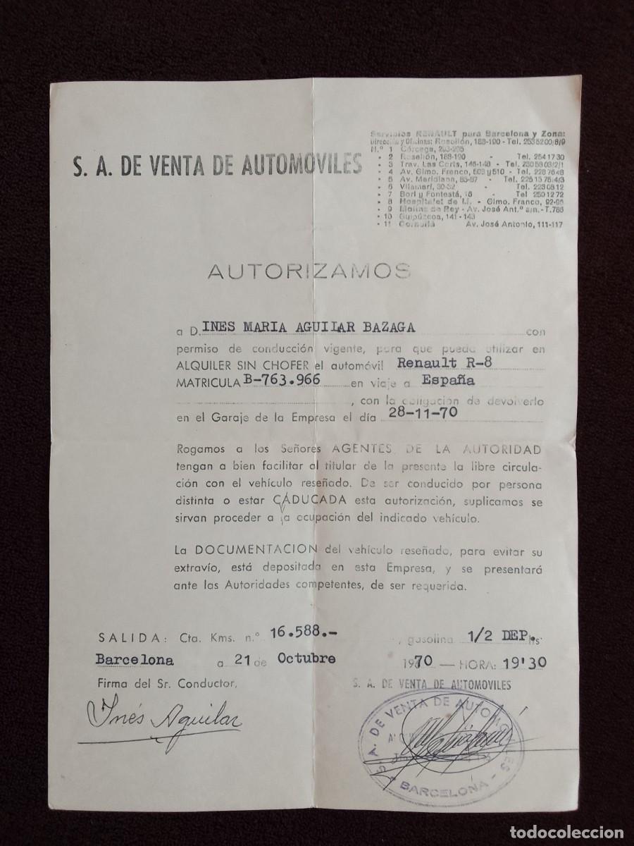 Otros Art&iacute;culos de Coleccionismo en Papel: DOCUMENTO ALQUILER AUTOMOVIL. S.A. DE VENTA DE AUTOMOVILES. BARCELONA. 1970. RENAULT R-8.