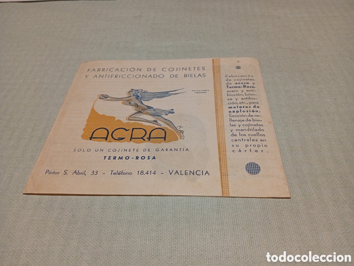 Otros art&iacute;culos de coleccionismo en papel: Folleto fabricaci&oacute;n de cojinetes y antifriccionado de bielas,AGRA termo rosa, Valencia