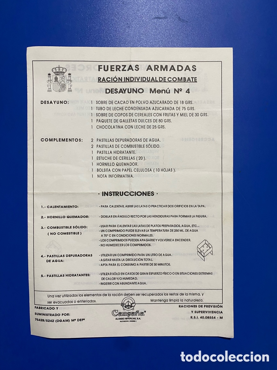 Otros Art&iacute;culos de Coleccionismo en Papel: Fuerzas Armadas Racion Individual de Combate